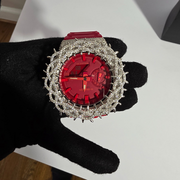 Diamond-Encrusted G-Shock Watch with Red Dial and Red Strap