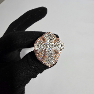 Diamond Cross-Shaped Ring - 14k Rose Gold-Plated with Baguette and Round-Cut Diamonds